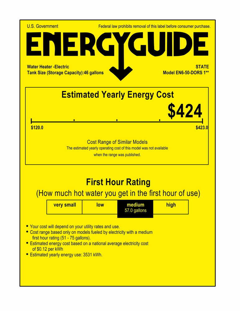 State EN6-50-DORS Proline Series 50 Gallon Capacity 4.5 kW Heating Input Short Electric Water Heater