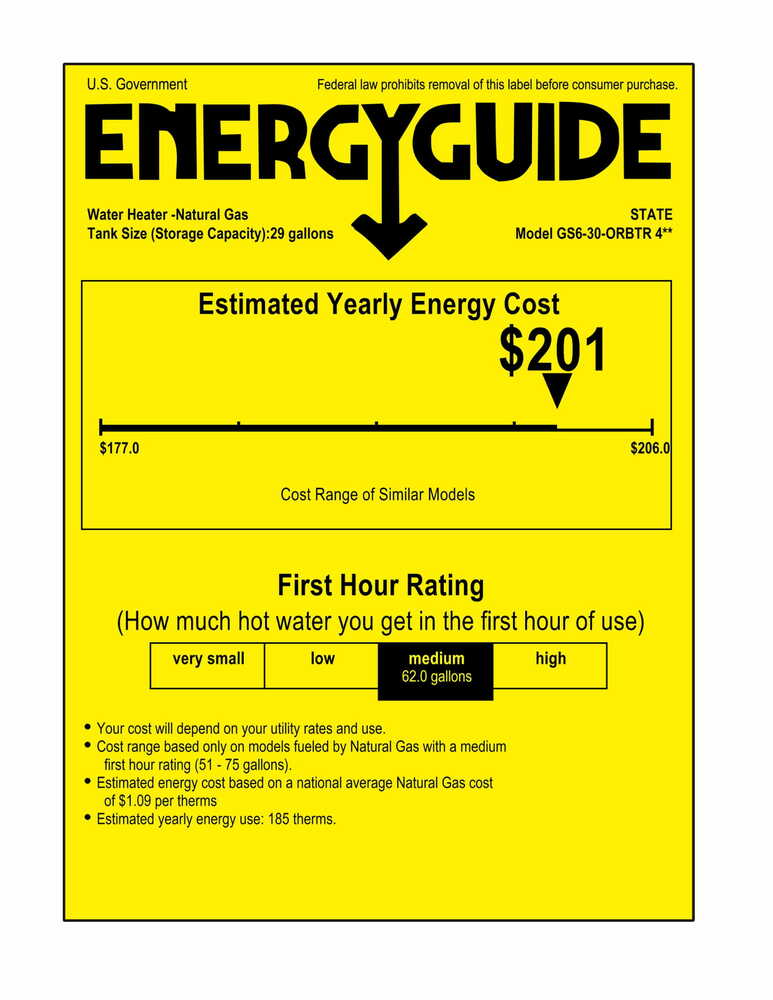 State GS6-30-ORBTR Proline Atmospheric Vent Series 30 Gallon Capacity 32,000 BTU Heating Input Skinny Gas Water Heater