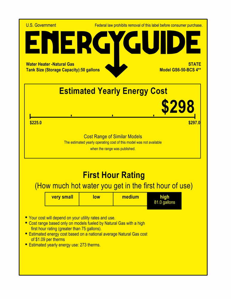 State GS6-50-BCS Proline Atmospheric Vent Series 50 Gallon Capacity 40,000 BTU Heating Input Short Gas Water Heater