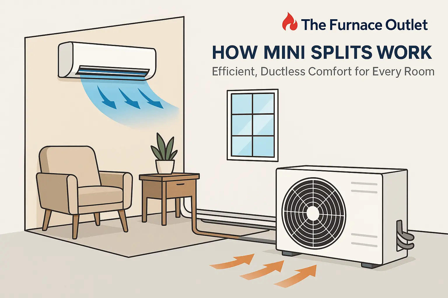 2D digital illustration showing how a mini-split HVAC system works, with an indoor air handler mounted on a wall blowing cool air 