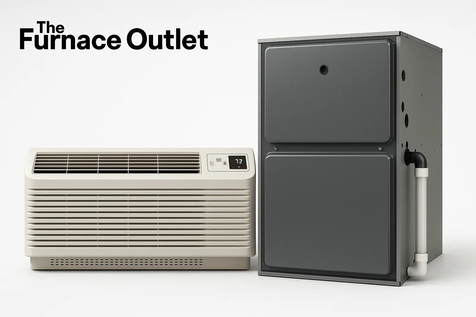 A PTAC unit and a modern gas furnace are displayed side by side on a white background, with The Furnace Outlet logo in the corner