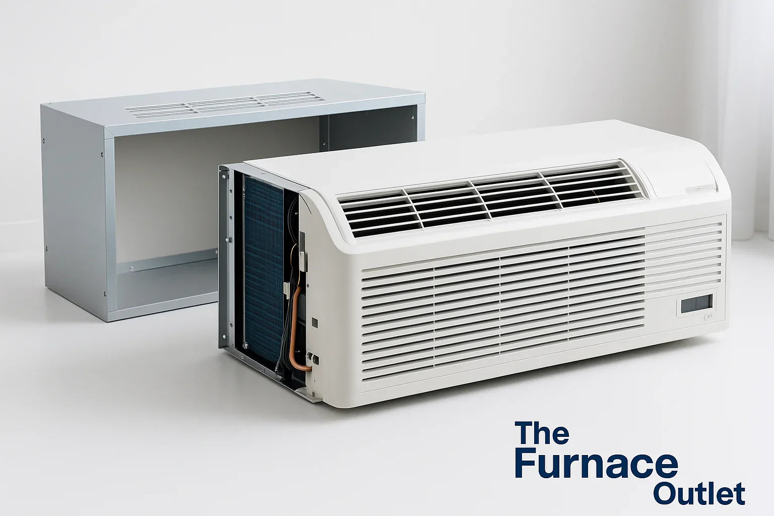 A PTAC unit and installation sleeve displayed on a clean white background.