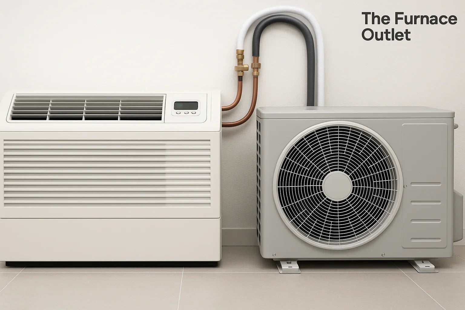 A PTAC unit connected to an outdoor condenser against a clean white wall.