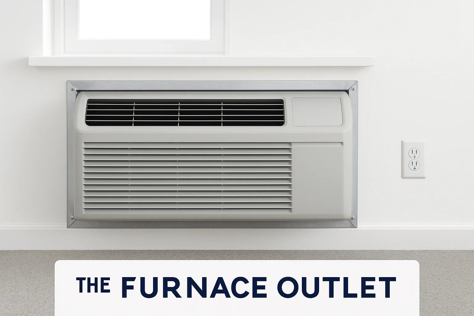 A PTAC unit installed below a window in a clean white room with The Furnace Outlet logo in the corner.