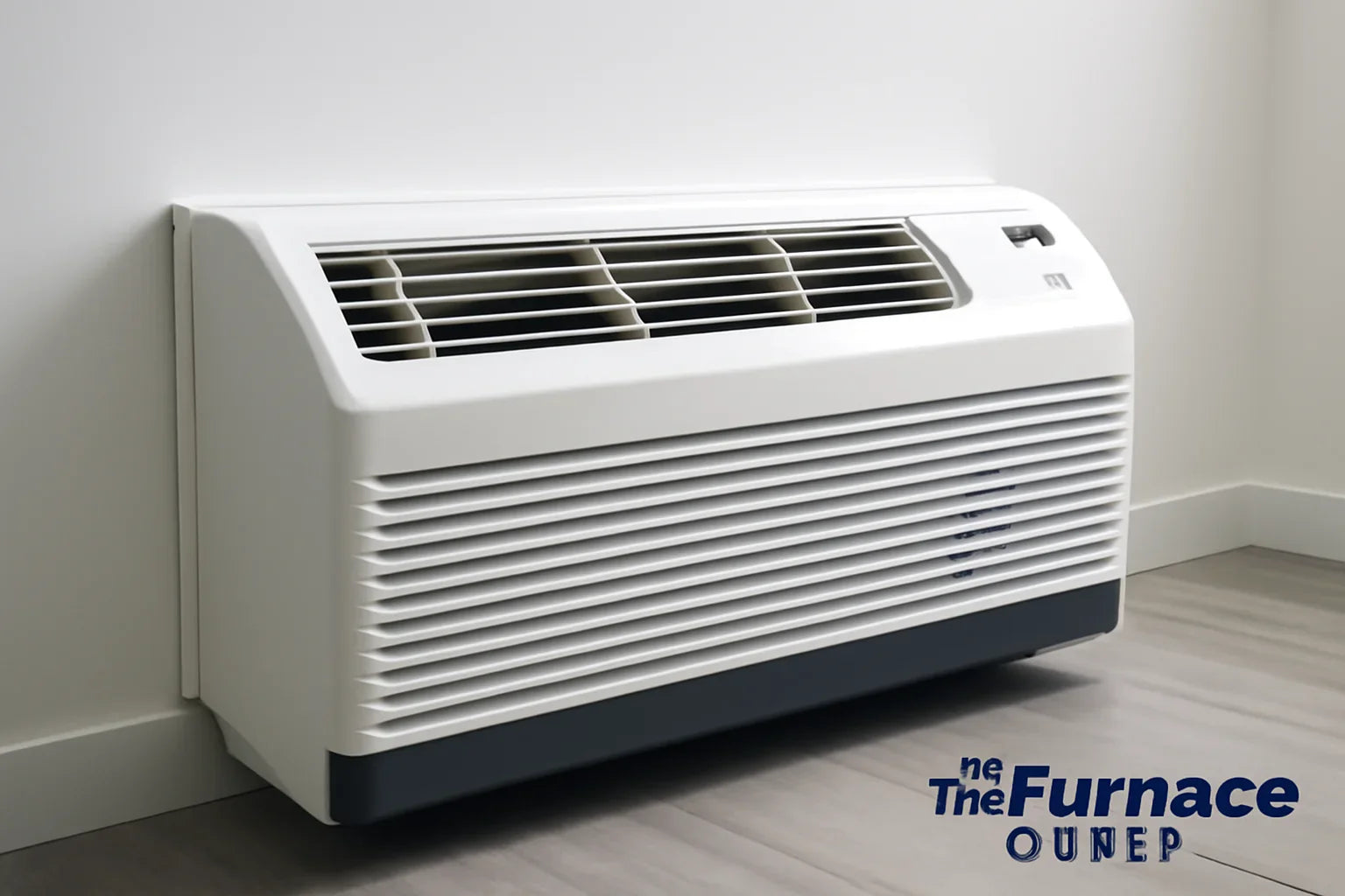 A PTAC unit installed in a clean, modern room with The Furnace Outlet logo.
