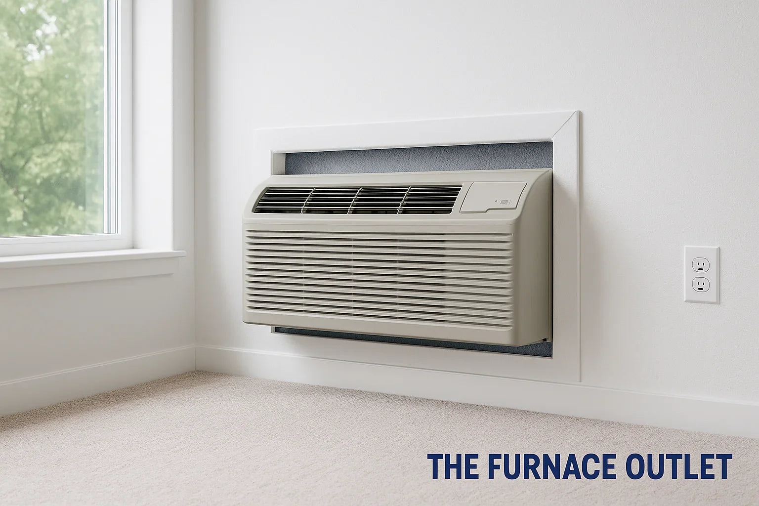 A PTAC unit installed in an apartment wall with The Furnace Outlet logo in the corner.