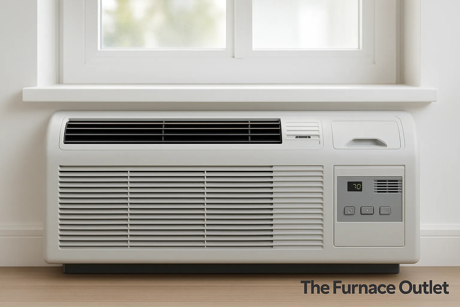 A PTAC unit installed under a window in a clean, modern interior, featuring a digital display and The Furnace Outlet logo in the corner.
