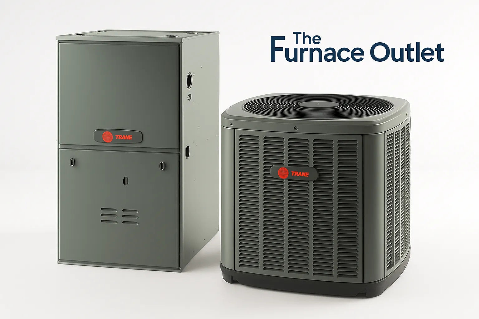 A Trane furnace and air conditioning unit displayed with The Furnace Outlet logo in the corner