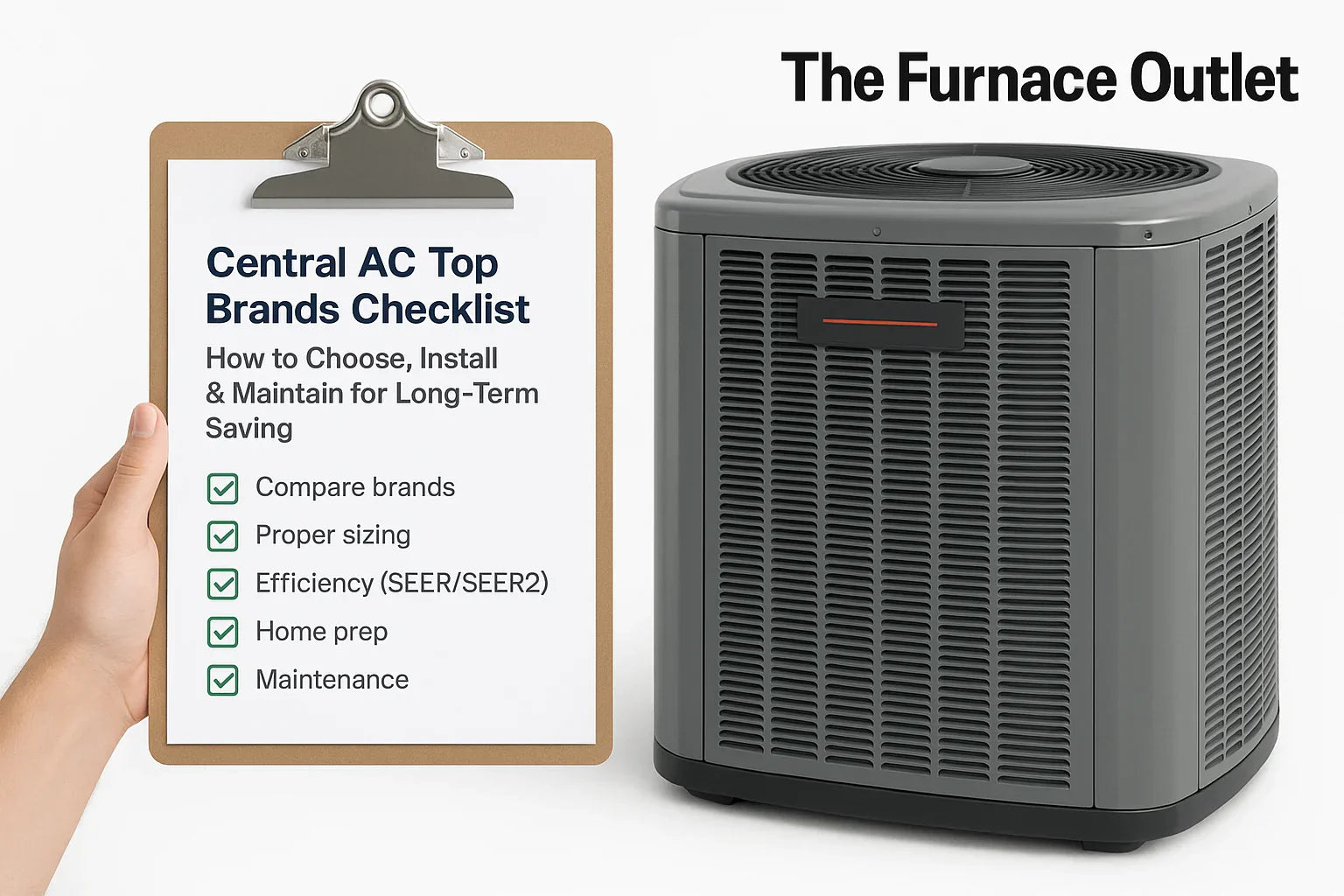 A central AC unit beside a checklist on a clipboard with key tips for choosing and maintaining an AC system.
