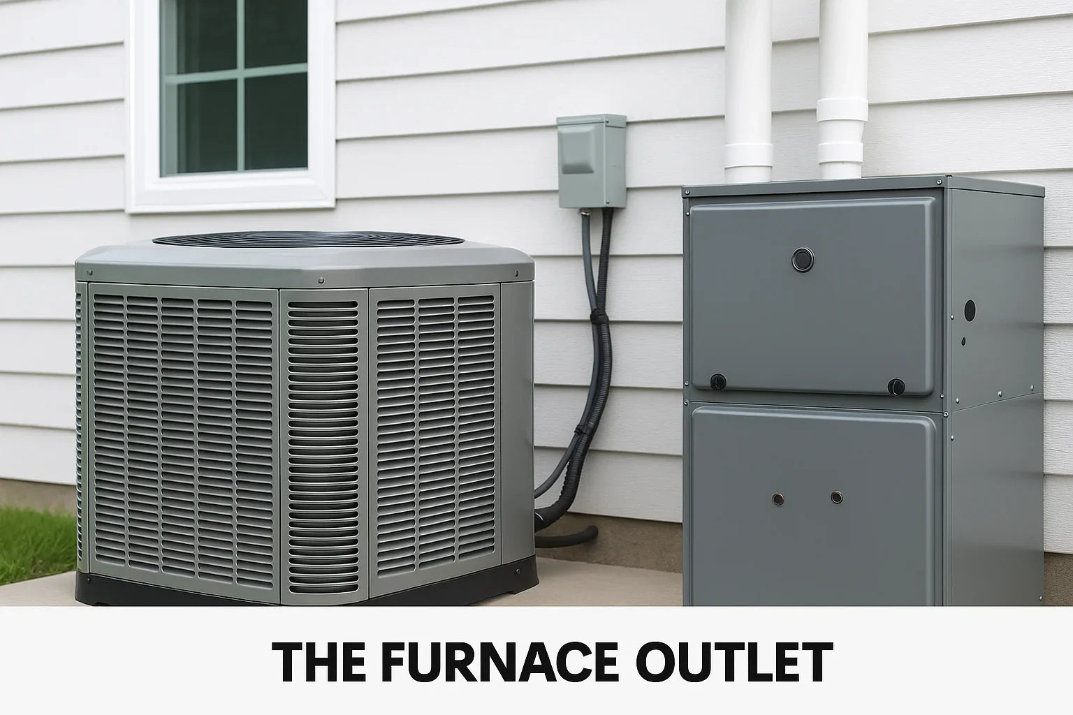 A central air conditioner and furnace unit installed outside a house with The Furnace Outlet branding.