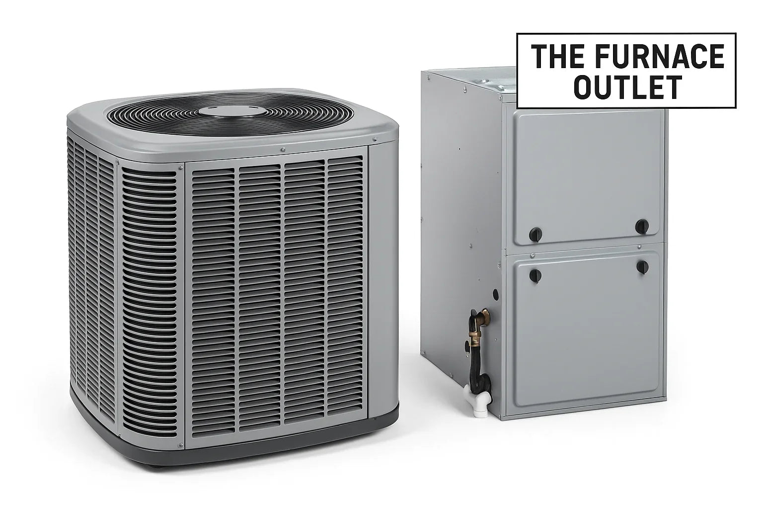 A central air conditioner condenser and furnace unit displayed side by side in a clean studio setting with The Furnace Outlet logo.