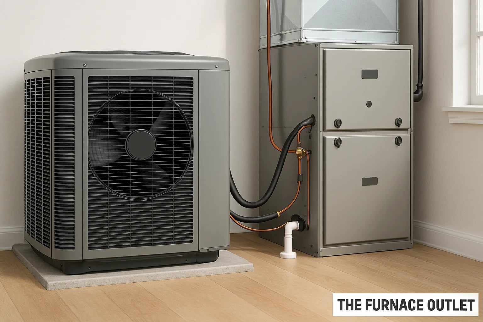 A central air conditioning system with outdoor condenser and indoor furnace installed in a bright home.