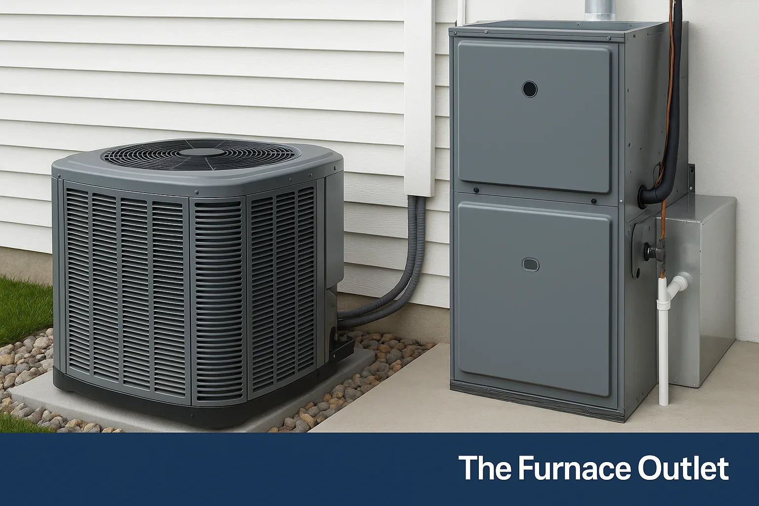 A central air conditioning unit and furnace installed outside a house.