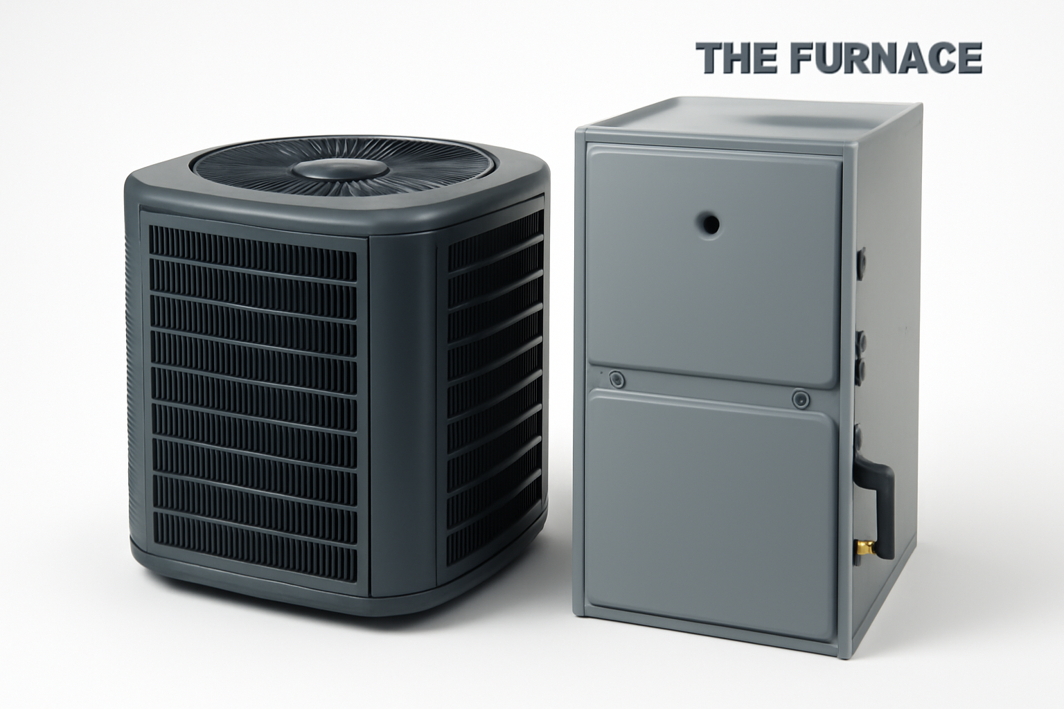 A central air conditioning unit with an outdoor condenser and indoor furnace, with The Furnace Outlet logo placed in the top right corner.