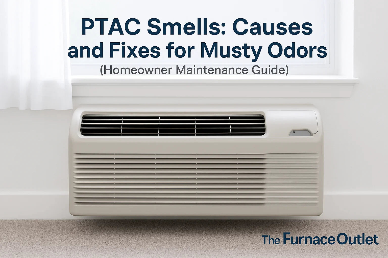 A clean PTAC unit under a window in a bright room with The Furnace Outlet logo.