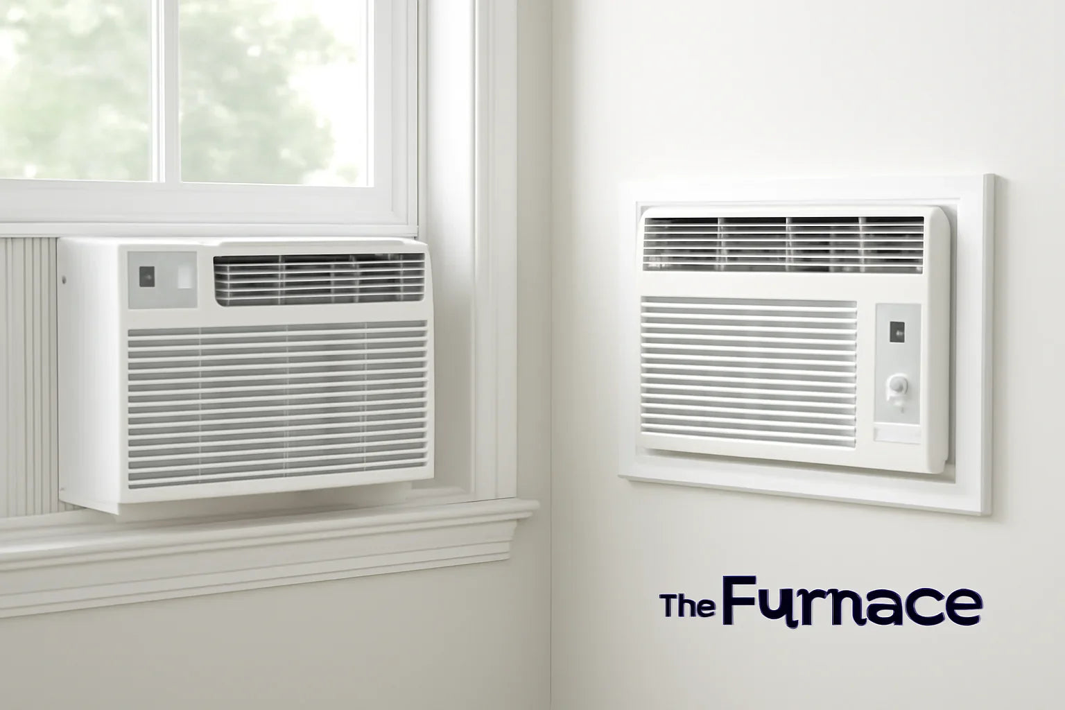 A clean and professional image comparing a window air conditioner on the left and a wall-mounted air conditioner on the right, showcasing their installation differences.