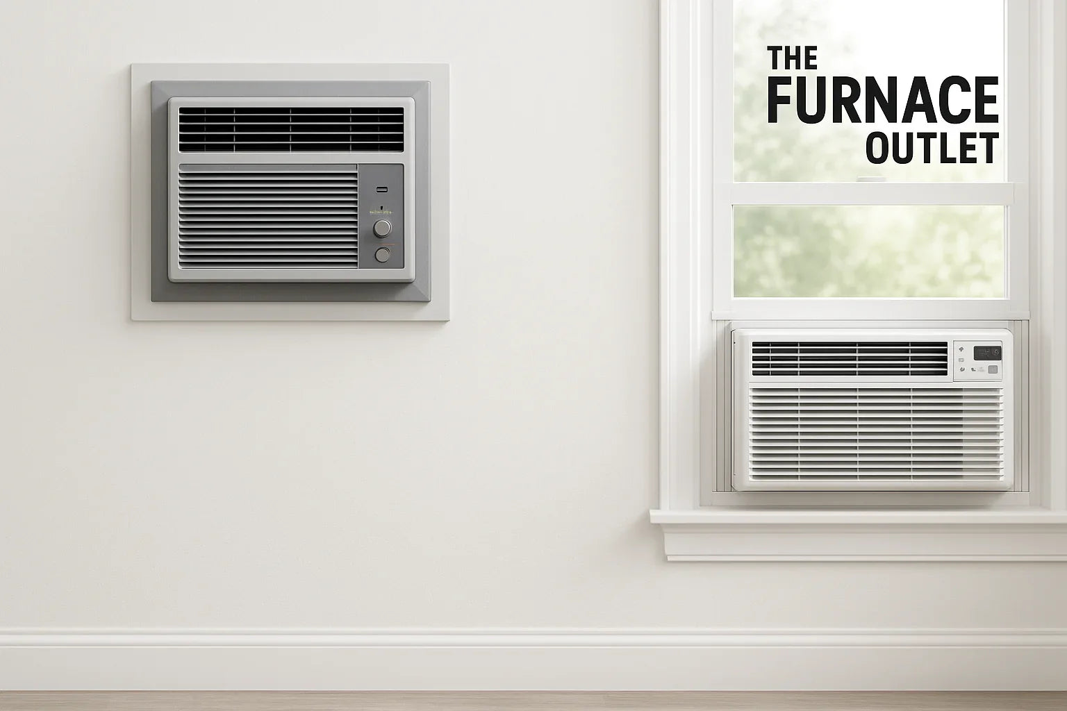 A clean modern room with a wall mounted air conditioner and a window air conditioner showing proper placement.