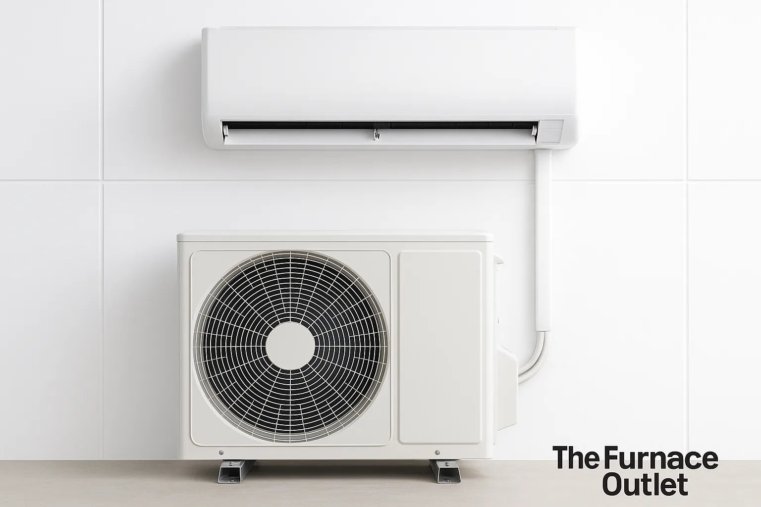 A clean professional photo of a mini split air conditioning system with indoor and outdoor units.