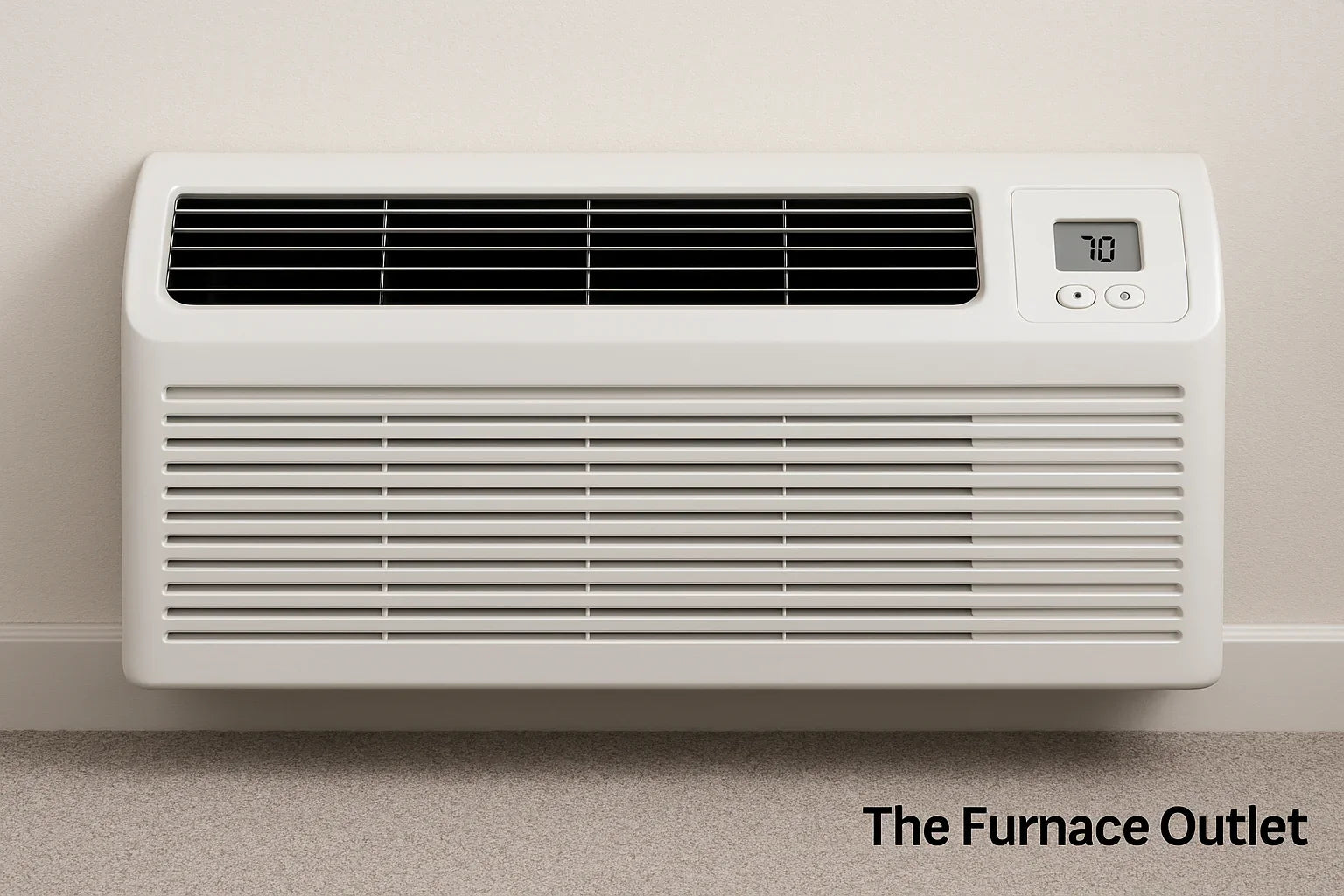 A clean white PTAC air conditioner mounted on a wall with The Furnace Outlet logo in the corner.