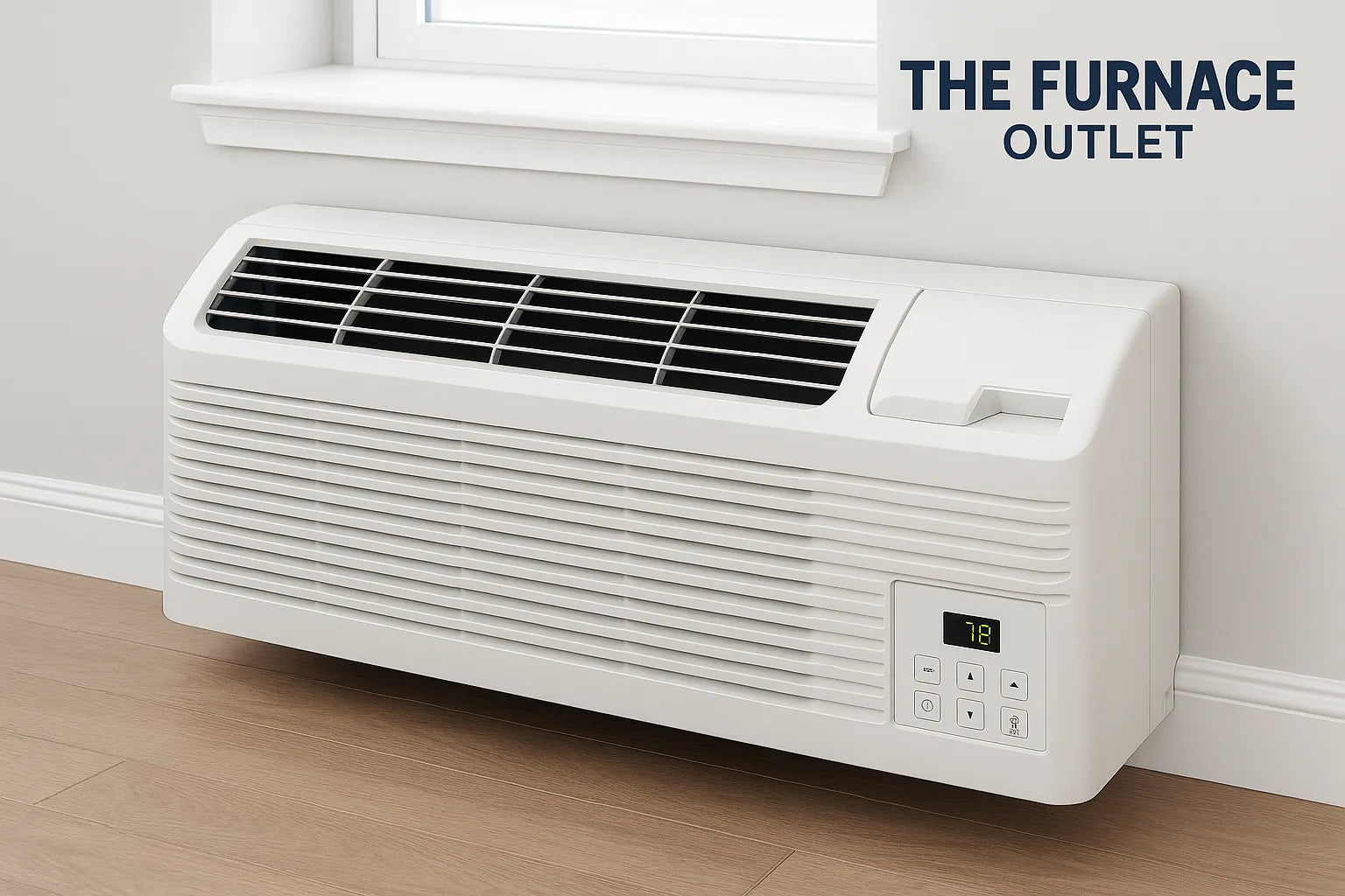 A clean white PTAC unit installed under a window in a bright modern room.