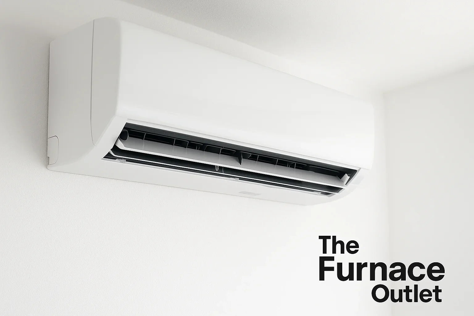 A clean white mini split air conditioner mounted on a wall with The Furnace Outlet logo in the corner.