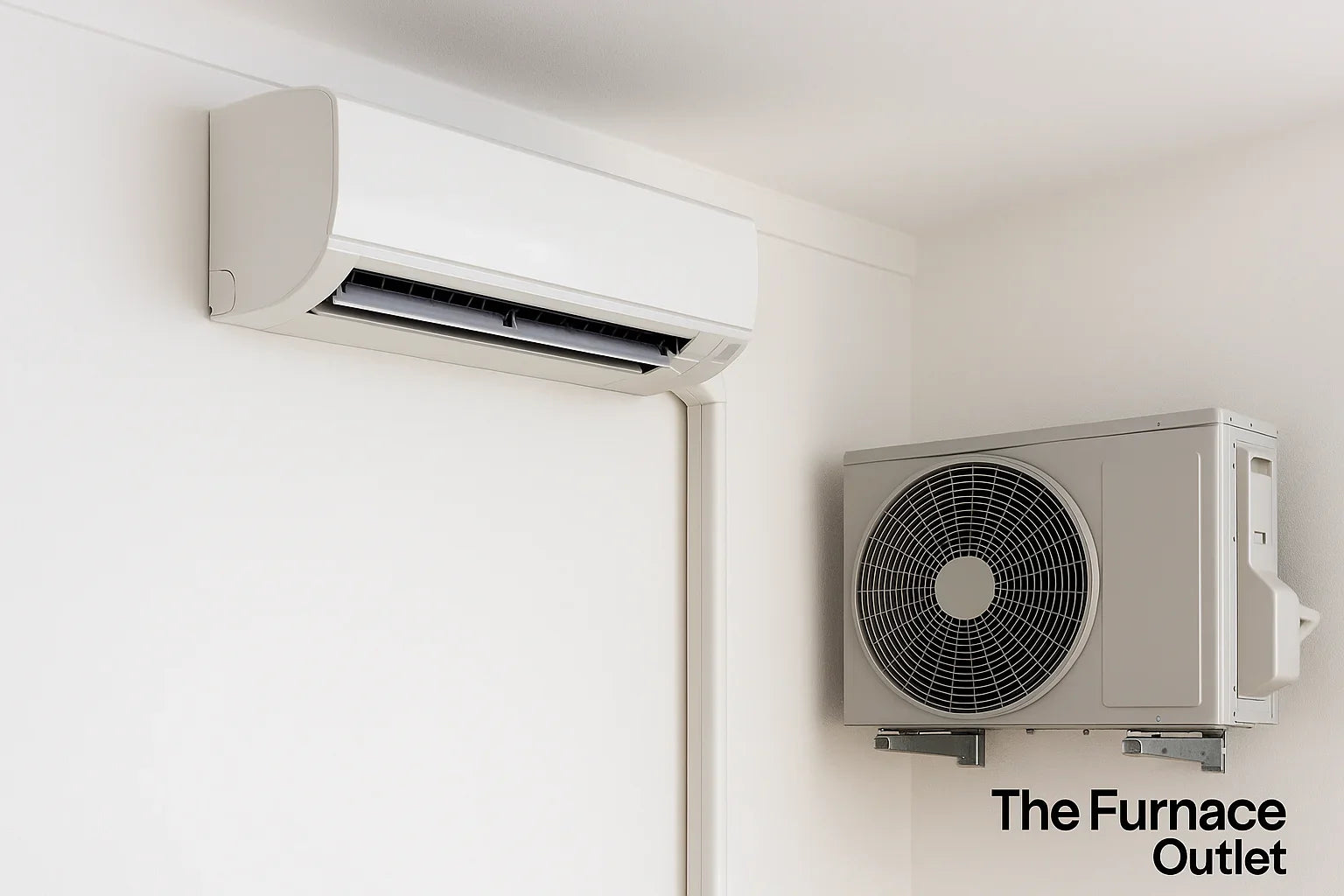  A clean white room with a wall mounted mini split air conditioner and outdoor unit branded with The Furnace Outlet logo.