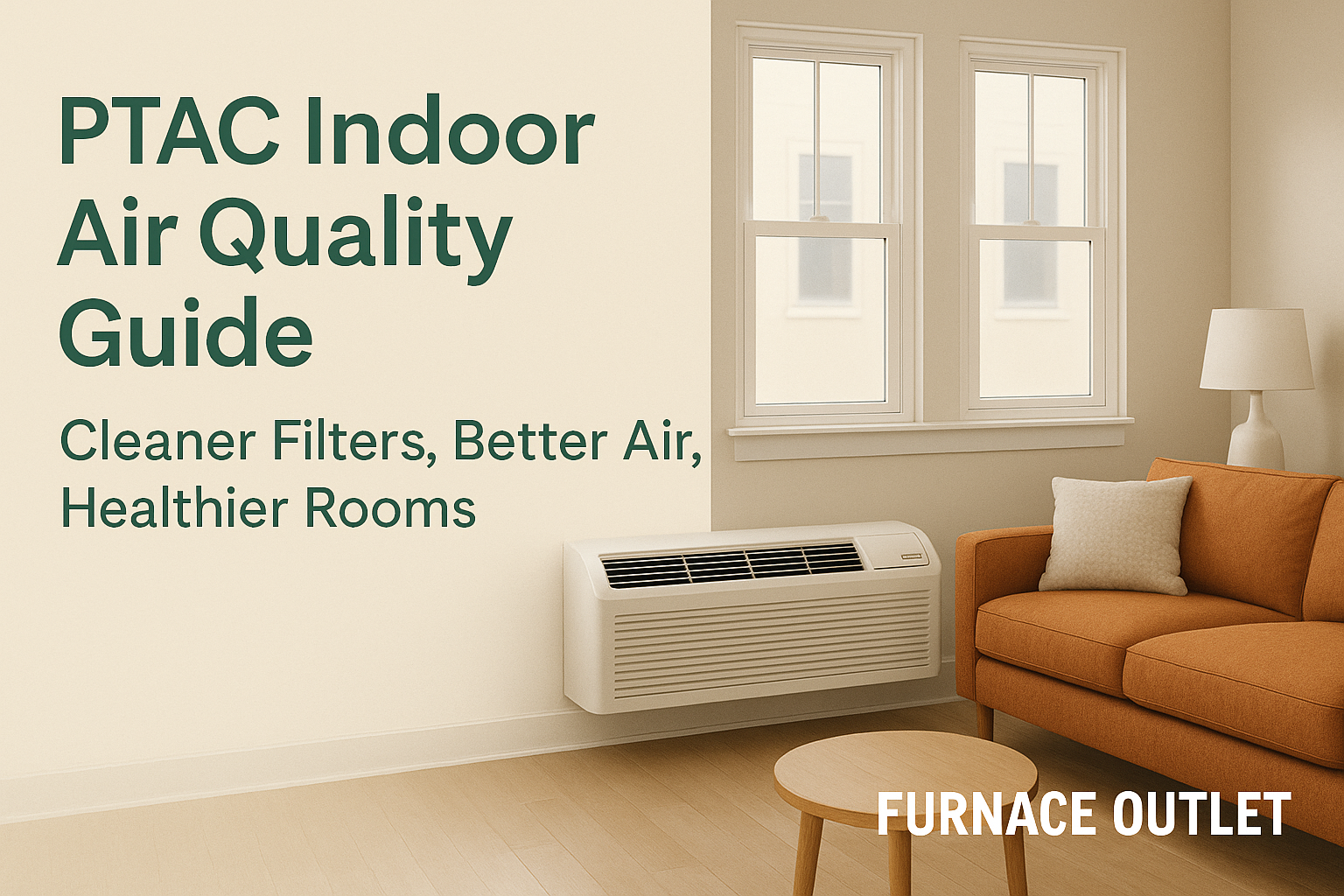 A cozy, modern room with a PTAC unit installed under twin windows, clean wooden flooring, and an orange couch, representing The Furnace Outlet’s indoor air quality guide with the copy “Cleaner Filters, Better Air, Healthier Rooms.