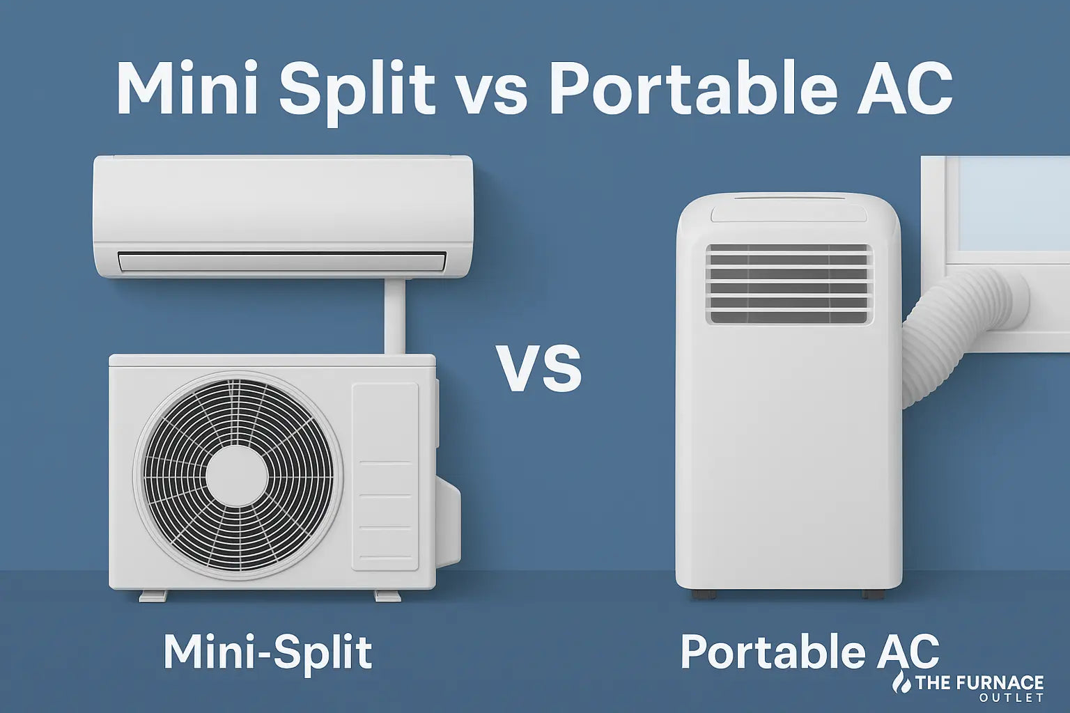 A digital comparison graphic by The Furnace Outlet showing a ductless mini-split system on the left and a portable AC unit on the right, each labeled, against a clean blue background.