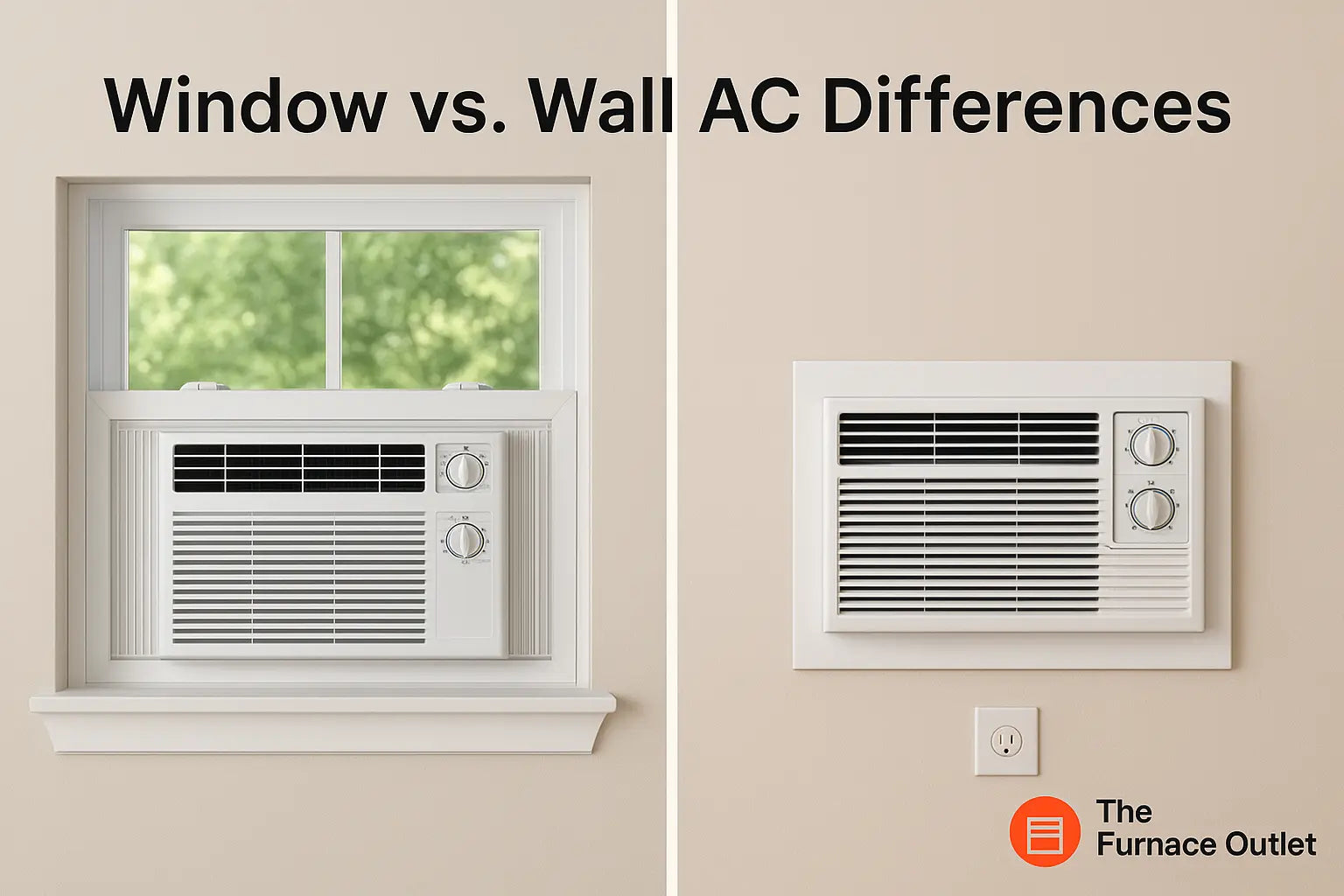 A digital comparison graphic from The Furnace Outlet shows a window air conditioner installed in a white-framed sash window on the left