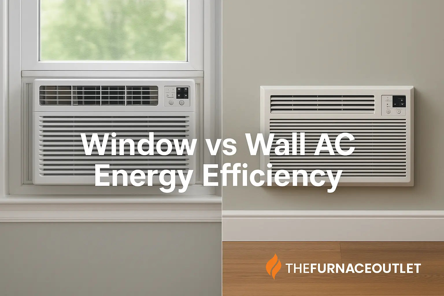A digital comparison image displays window and wall air conditioners side by side, illustrating energy efficiency differences, with The Furnace Outlet branding.