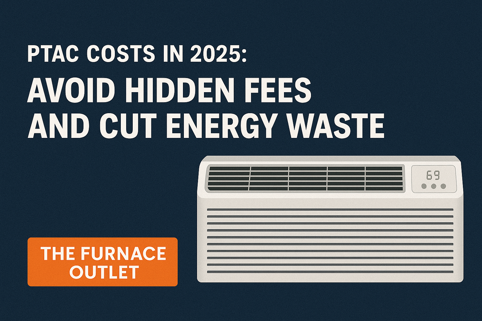 A digital graphic showing a modern PTAC unit beside a bold five-word CTA for The Furnace Outlet, set against a clean, dark background to highlight energy cost savings in 2025.