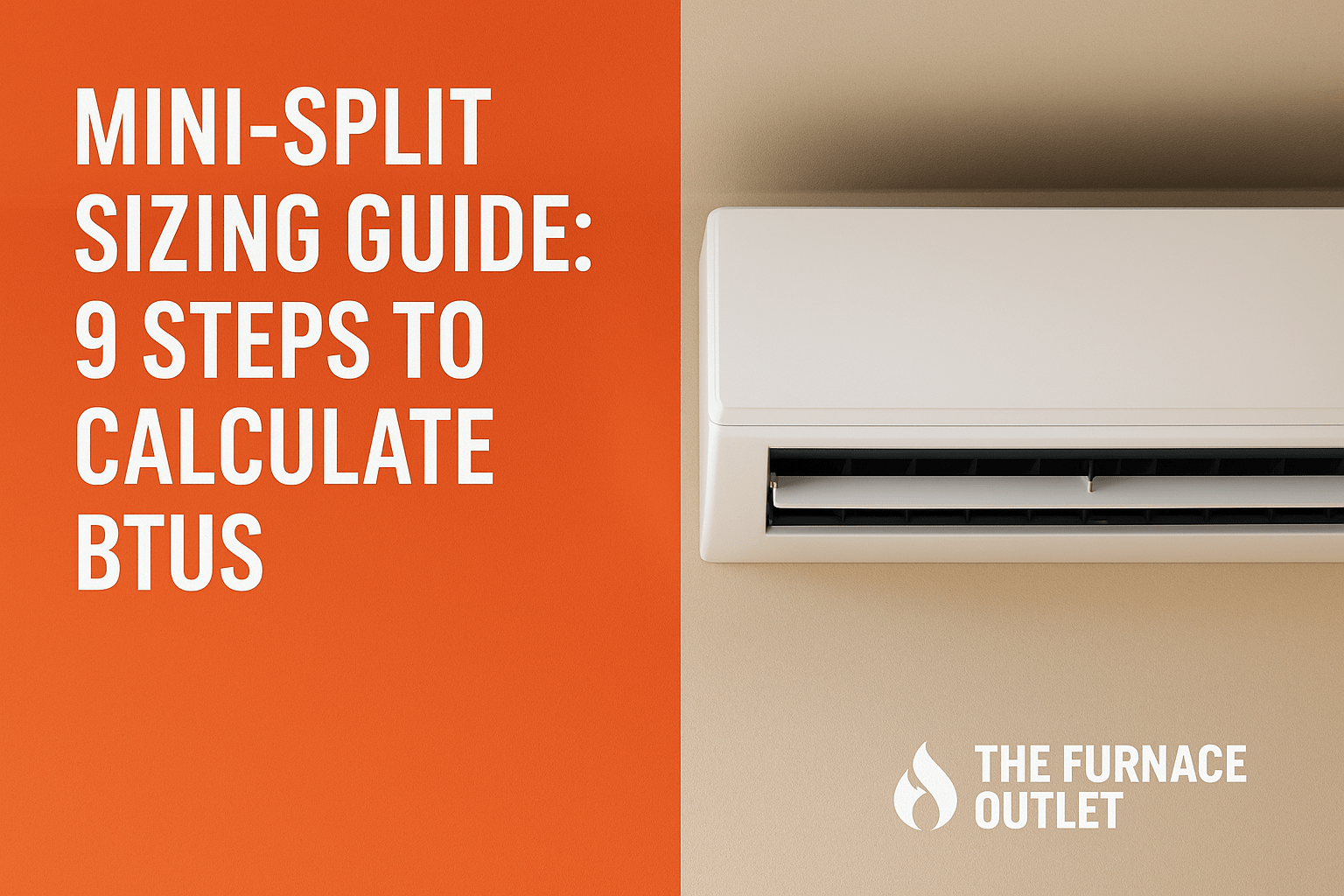 A digital graphic shows a modern mini-split indoor unit on a beige wall, next to an orange panel that reads MINI-SPLIT SIZING GUIDE 9 STEPS TO CALCULATE BTUS, following The Furnace Outlet’s branding.