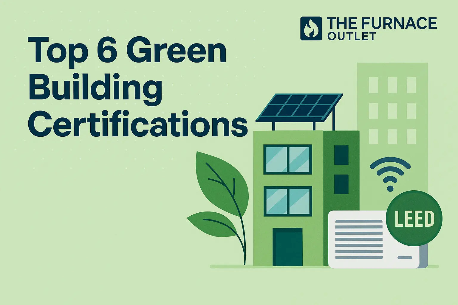 A digital illustration featuring a modern green building with solar panels, leafy accents, and a Wi-Fi-enabled PTAC unit labeled LEED.