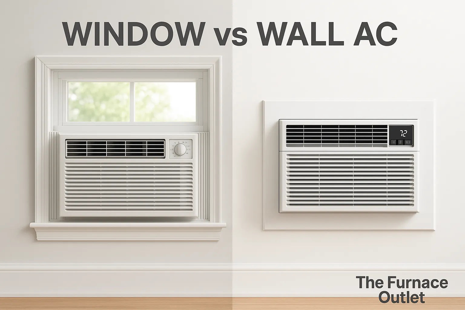 A digital photo compares a window air conditioner and a wall-mounted AC in a modern room, showing design and installation differences with The Furnace Outlet branding