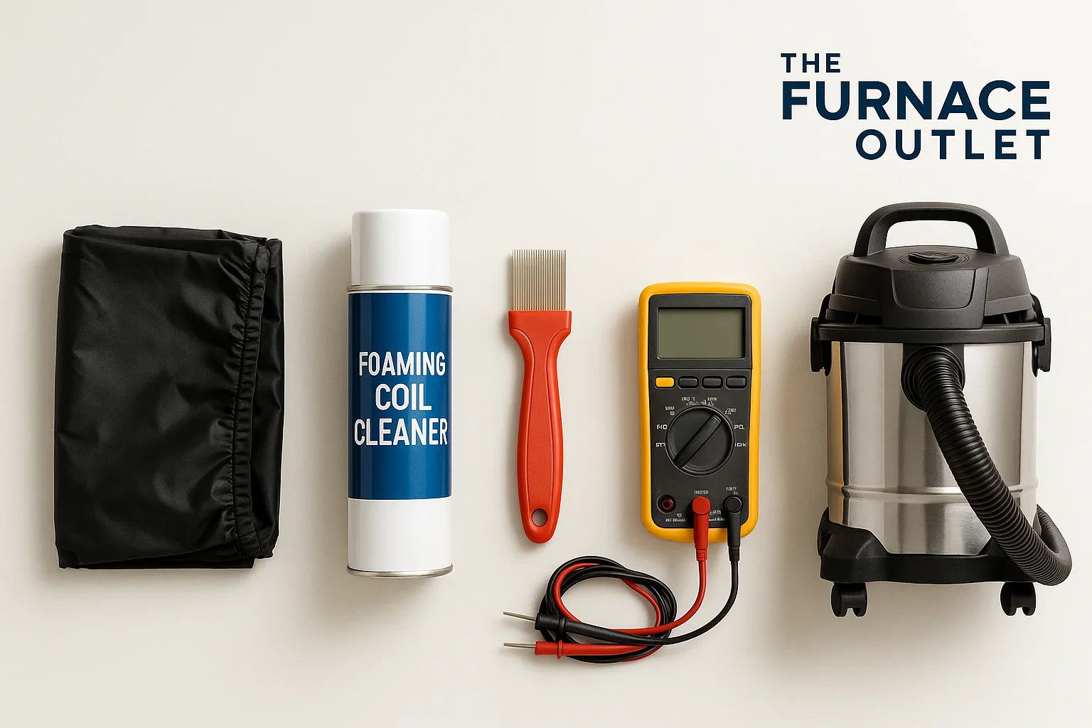 A digital photograph features five essential DIY mini split maintenance tools neatly arranged on a white background with The Furnace Outlet logo in the corner.