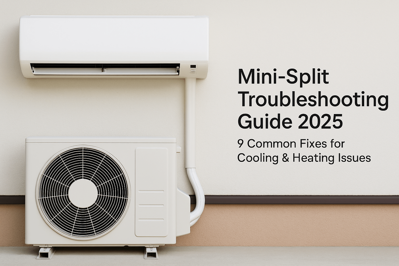 A digital photograph illustrates a troubleshooting setup for a mini-split system, showing an indoor air handler and connected outdoor condenser unit installed on a beige wall, with The Furnace Outlet branding style.