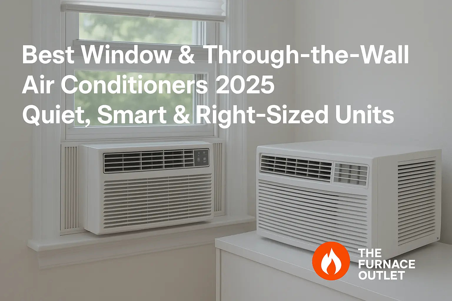 A digital photograph showcases two air conditioning units—one installed in a window and the other mounted through-the-wall—inside a clean, modern room with soft natural lighting and minimal decor.