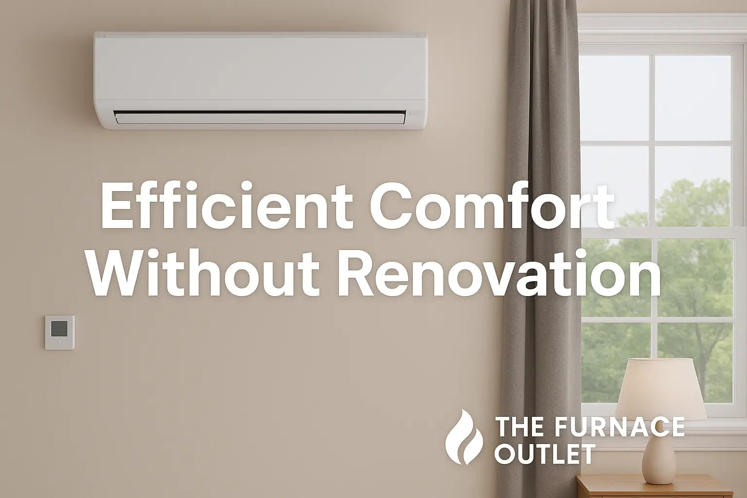 A ductless mini-split air conditioner mounted on an interior beige wall beside a window with greenery outside, a wall thermostat, and a table lamp, promoting energy-efficient comfort with The Furnace Outlet branding.