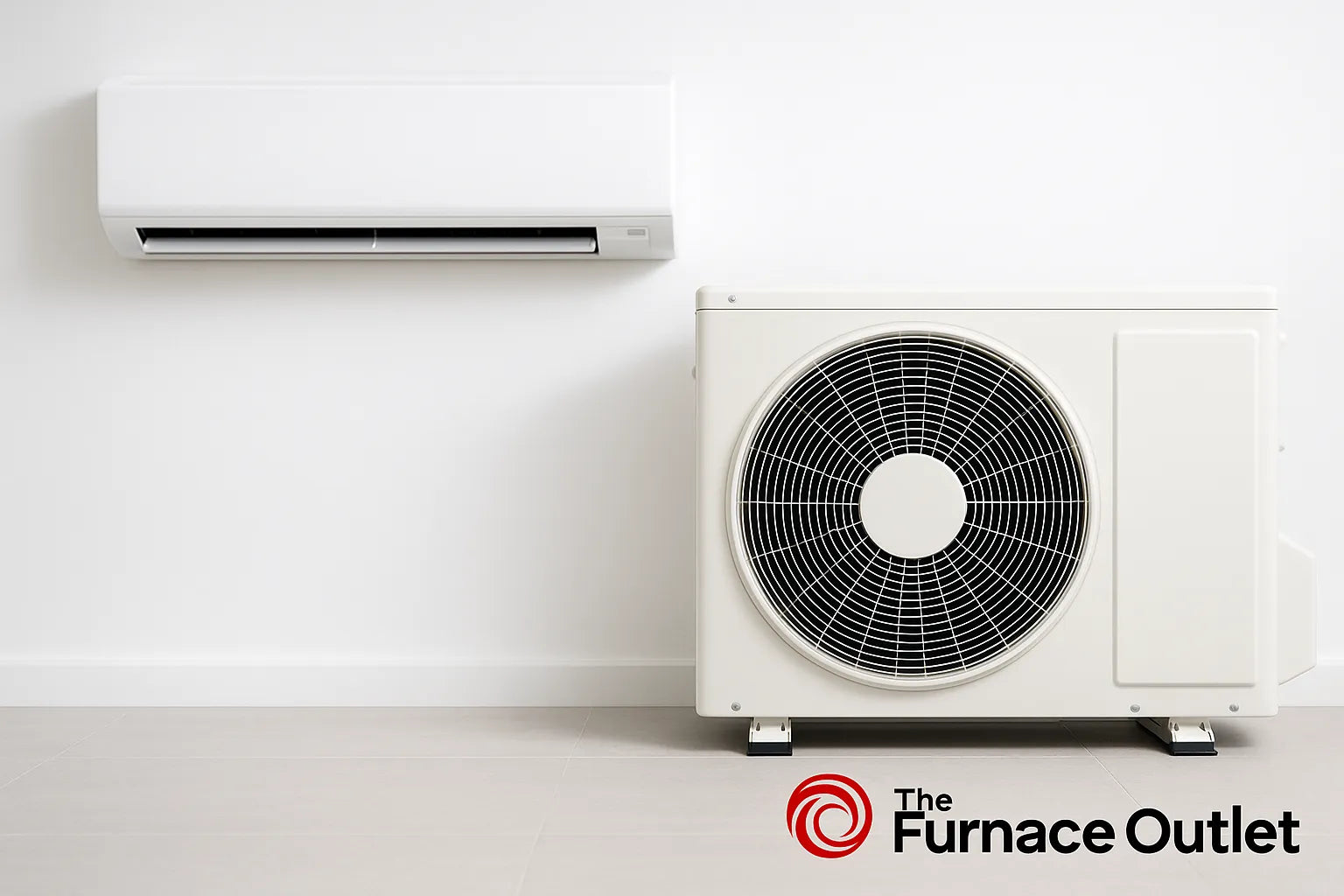 A ductless mini-split air conditioner system with indoor and outdoor units in a clean, modern setting, branded with The Furnace Outlet logo.
