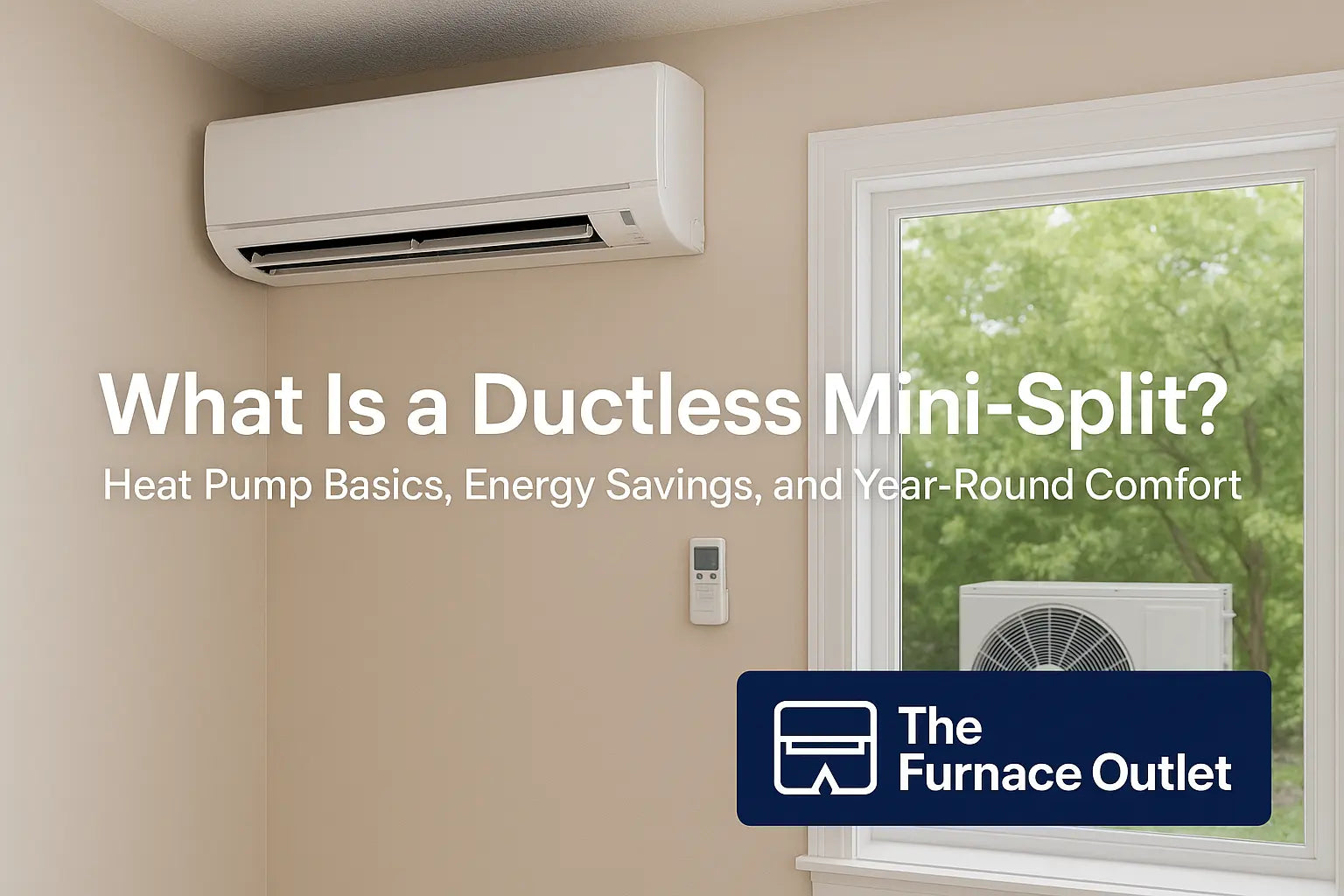 A ductless mini-split heat pump system installed in a modern home interior, showing the indoor unit on the wall and outdoor condenser visible through the window, representing energy-efficient, year-round comfort.