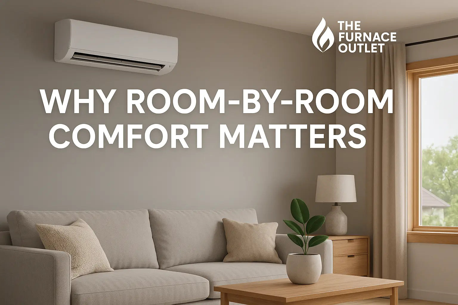 A ductless mini-split unit mounted above a modern beige sofa in a bright, airy living room, promoting zone-based comfort with The Furnace Outlet logo