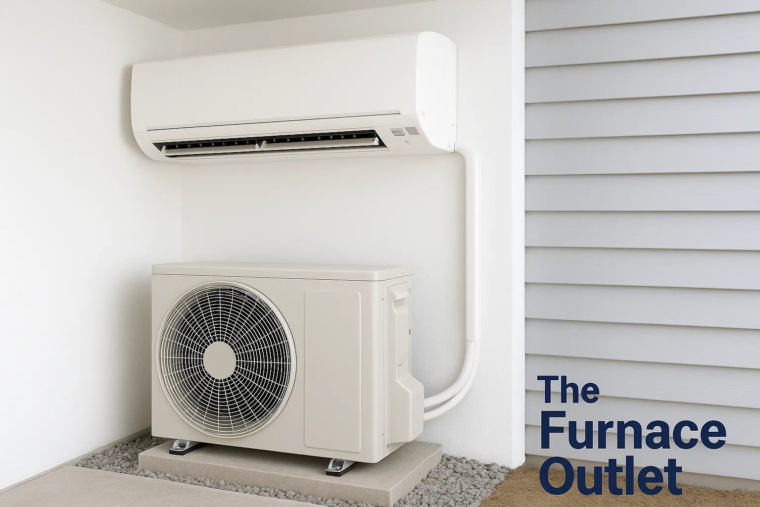 A ductless mini split heating and cooling system installed on a home wall with The Furnace Outlet logo in the corner