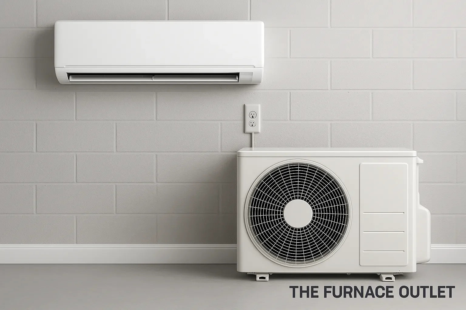 A ductless mini split system mounted on a light gray brick wall with The Furnace Outlet logo at the bottom.