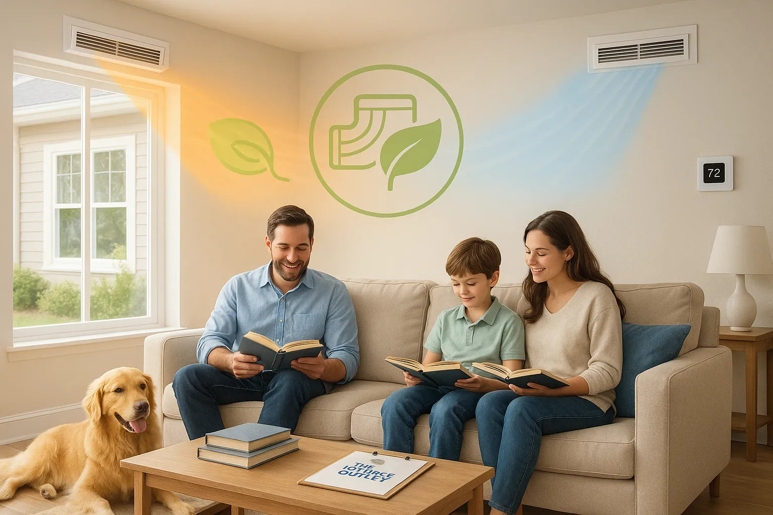 A family relaxing in a sunlit living room while warm orange and cool blue airflow from sleek vents illustrate an energy‑efficient HVAC system by The Furnace Outlet.