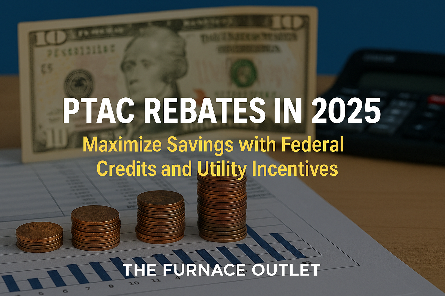 A financial-themed graphic for The Furnace Outlet featuring stacked coins, a ten-dollar bill, a calculator, and a bar graph, promoting PTAC rebates in 2025 with the message “Maximize Savings with Federal Credits and Utility Incentives.