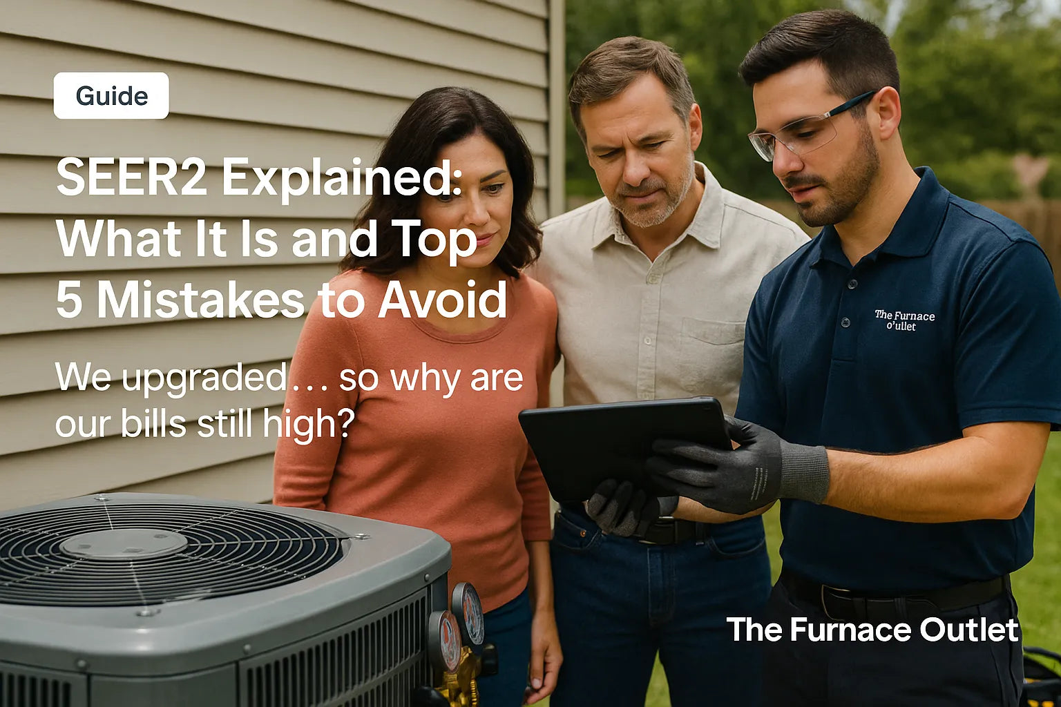 A friendly HVAC technician reviews a tablet with two homeowners beside a real outdoor AC condenser on a sunny backyard side yard, discussing SEER2 upgrades and savings.