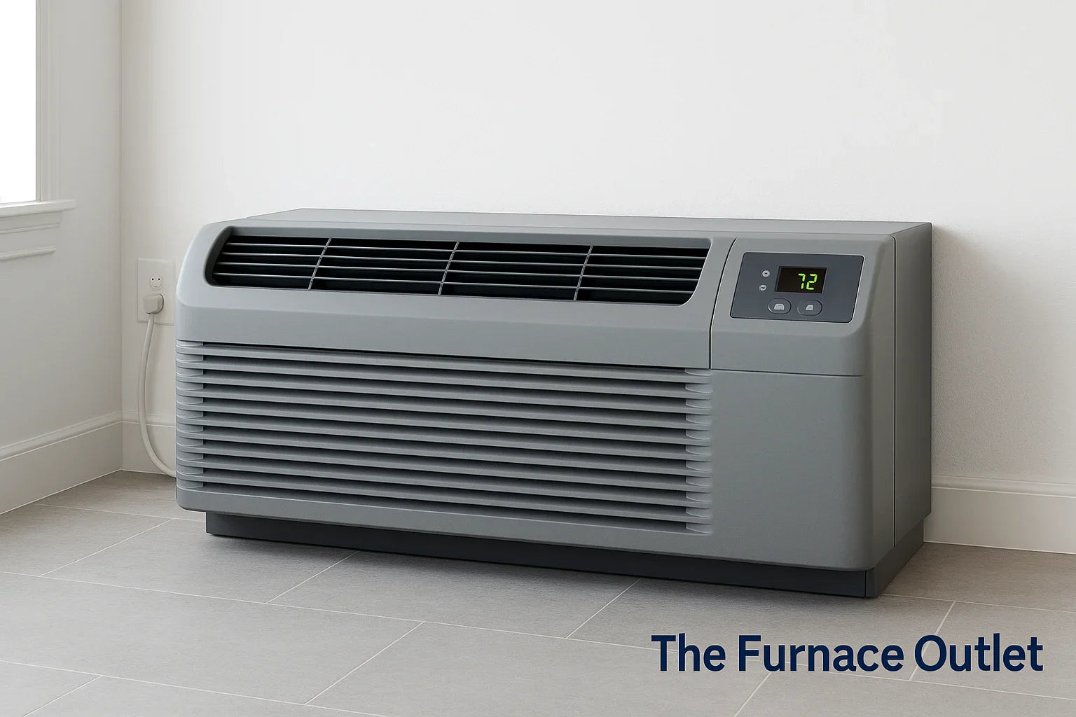 A gray PTAC unit installed under a window in a clean modern room with The Furnace Outlet logo in the corner