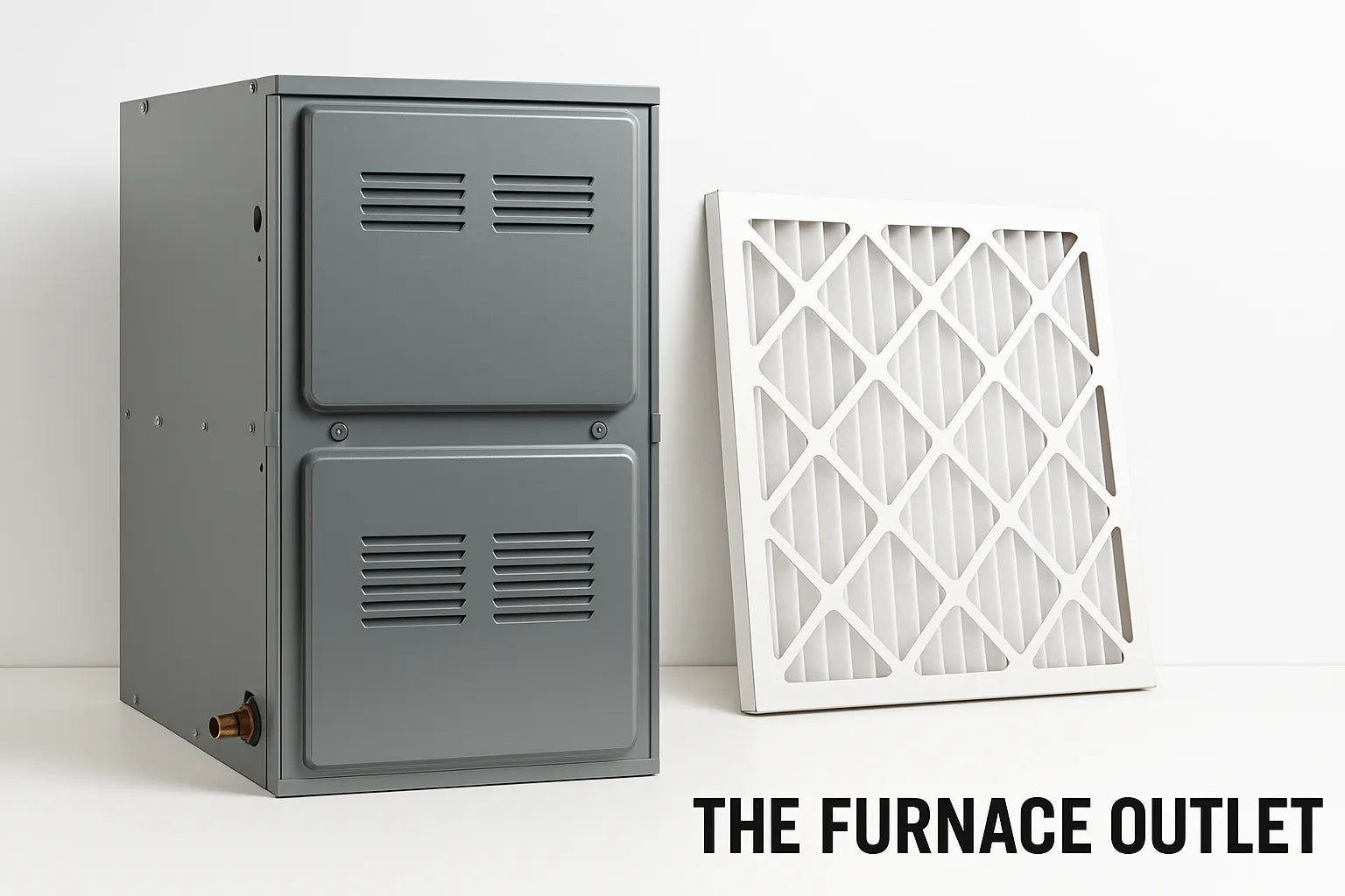 A gray furnace and a white pleated HVAC filter placed side by side on a clean background.