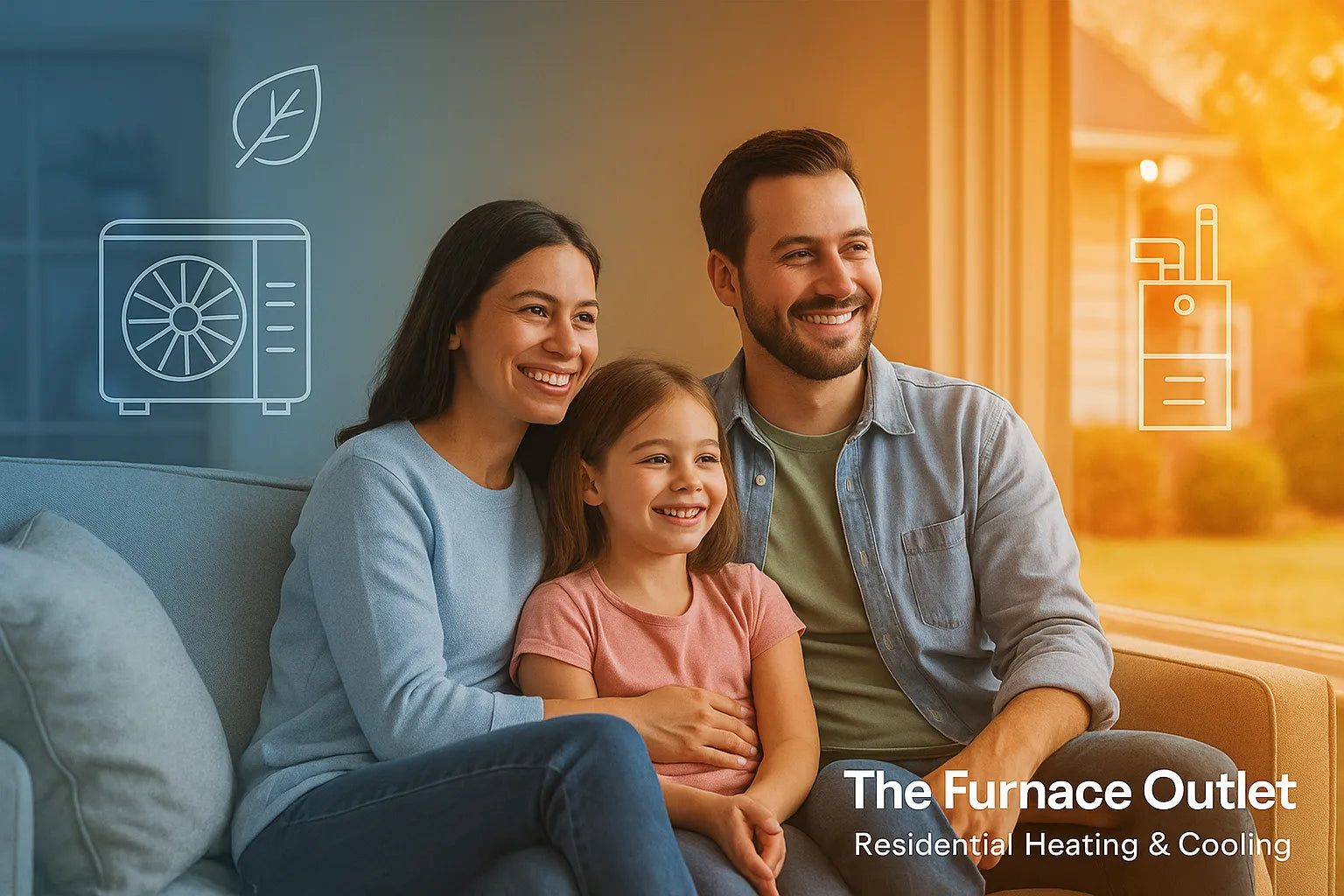 A happy family relaxes in a cozy living room, framed by cool‑blue and warm‑amber tones with subtle HVAC icons, illustrating energy‑efficient heating and cooling from The Furnace Outlet.