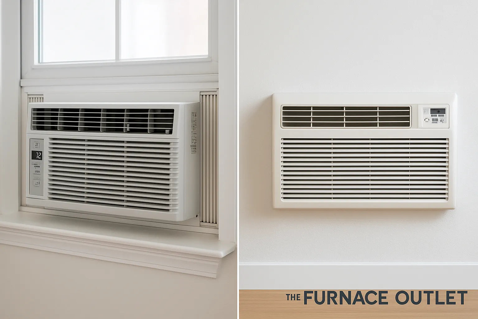 A high-resolution digital photograph compares a window air conditioner and a wall-mounted unit side-by-side in a clean, modern home setting.